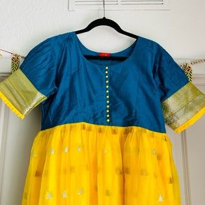 Blue and yello pattu border partywear dress